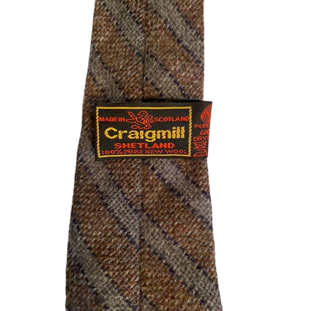 Craigmill Shetland Wool Tie Scotland Brown Grey Striped Mens Vintage Necktie